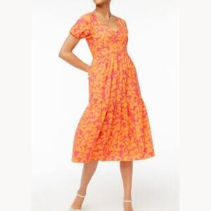 J CREW Orange & Pink Floral Puff Sleeve Midi Dress Vacation  Size 6P PETITE